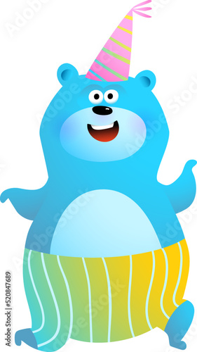 Cute teddy bear happy festive party animal running or jumping. Happy bear cute animal character for children. Hilarious comic vector illustration for kids.
