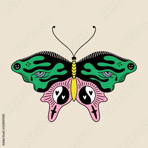Hippie bohemian groovy funky butterfly in 1960s boho psychedelic style. Perfect for tattoo, T-shirt, music album cover, coloring page and more. Vector clipart illustration.