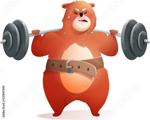 Bear powerlifter lifting barbell and wearing weightlifting belt. Funny Teddy bear doing fitness exercise and sweating, lifting heavy dumbbell. Hilarious comic vector illustration for kids.