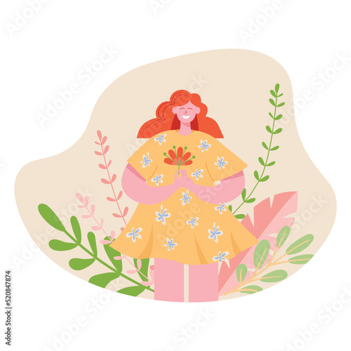 Happy woman with plants in garden. Girl feeling unity with nature, enjoying and contemplating. Botanist with spring flowers. Wellbeing concept. Flat vector illustration isolated on white background