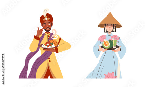 Gastronomic Tourism with Man Arab and Vietnamese Woman Holding Authentic Served Dish Vector Set