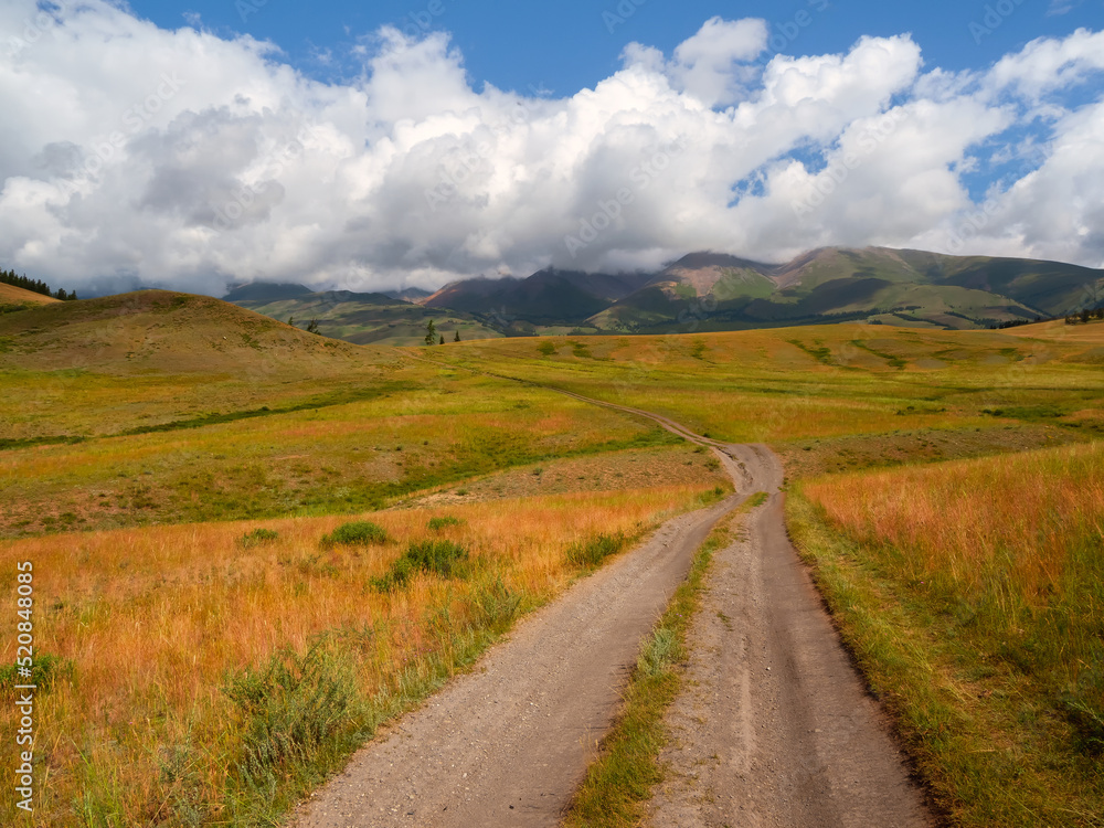 Beautiful golden mountain landscape with long dirt road through sunlit steppe to large mountains in white clouds on blue sky. Length road in big mountains.