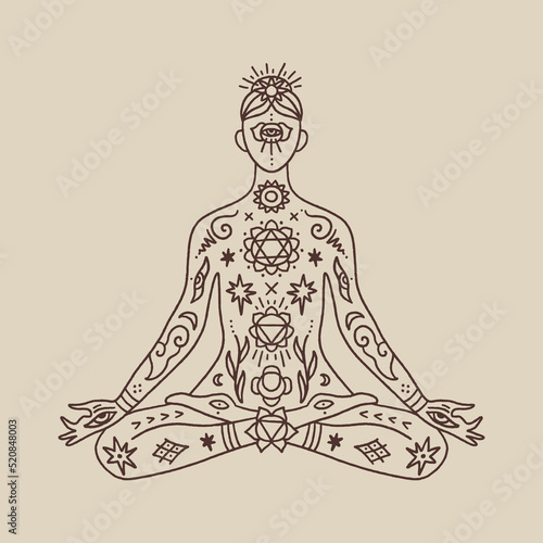 Sitting human in lotus pose, yoga practice. Vector illustration. Samadhi zen composition. Indian, Buddhism, chakras system, spirituality clipart, Bali, Goa. Vipassana practice, retreat. Boho hippie