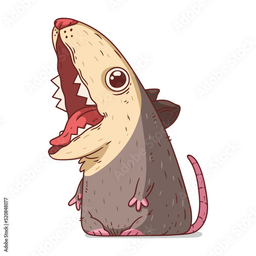 A Possum, isolated vector illustration. Funny cartoon picture of a hungry opossum with its mouth open. A humorous possum sticker. Simply drawn yawning opossum on white background. A wild animal.