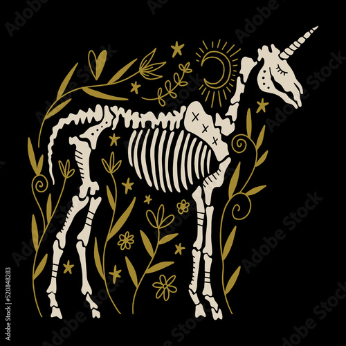 Creepy unicorn skeleton in dark boho style, bohemian skull vector clipart illustration. Ornate floral design. Gothic, macabric medieval horse head with horn. Great for Halloween party, t-shirts