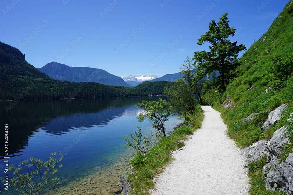 Sunny morning walk though a path by the Altausseer lake in Austria Sunny morning walk though a path by the Altausseer lake in Austria