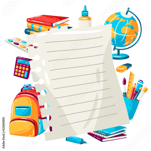 School background with education items. Illustration of supplies and stationery.