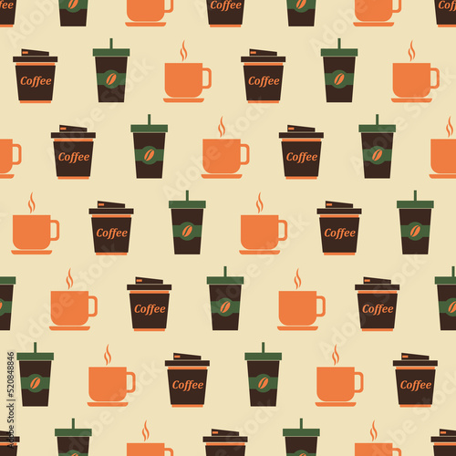 Cup coffee seamless pattern. Different types cup coffee in retro color. Coffee background. Retro design for print on wrapping paper, packing, wallpaper, fabric. Vector illustration in flat design