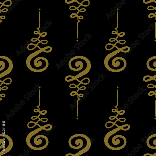 Unamole Seamless Pattern. Hindu and Buddhist symbols. Vector clipart ornament. Gold on black repeat image.