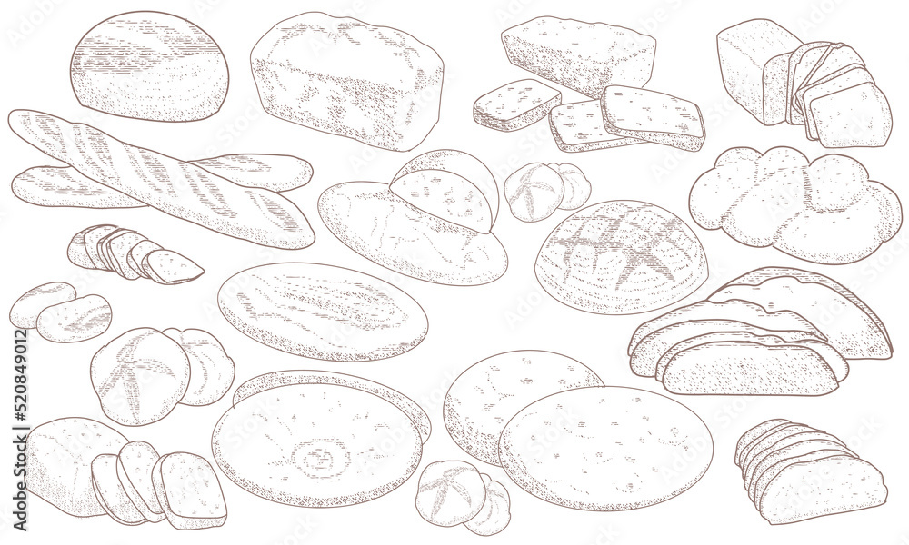 Hand drawn background of bread and bakery products. Baked goods template. Baking, bakery shop, cooking, sweet products, dessert, pastry.