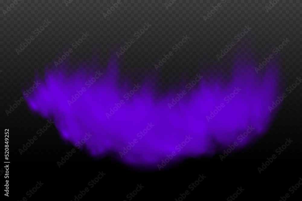 Realistic scary mystical violet fog in night Halloween. Purple poisonous gas, dust and smoke effect.