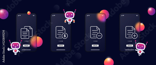 Website buttons for file management set icon. Plus, minus, dollar sign, financial report, document, add, remove. Business concept. Glassmorphism. UI phone app screens. Vector line icon for Business