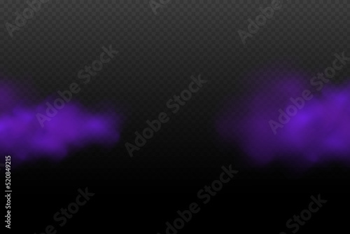 Realistic scary mystical violet fog in night Halloween. Purple poisonous gas, dust and smoke effect.