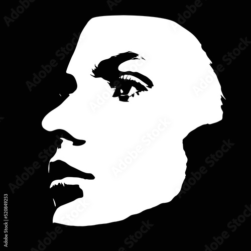 Fashion, style, beauty and make-up concept. Abstract beautiful woman face silhouette illustration. Close-up model portrait. Minimalistic and abstract style. Girl looking aside the camera