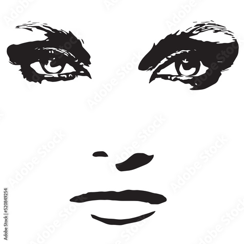 Fashion, style, beauty and make-up concept. Abstract beautiful woman face silhouette illustration. Close-up model portrait. Minimalistic and abstract style. Only eyes, nose and mouth of girl