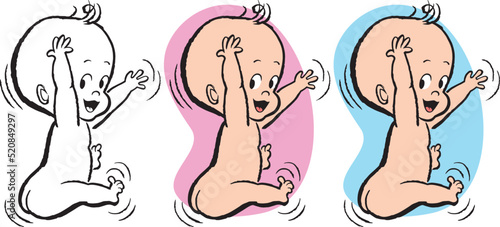 A vintage retro vector illustration of a bouncing baby newborn. 