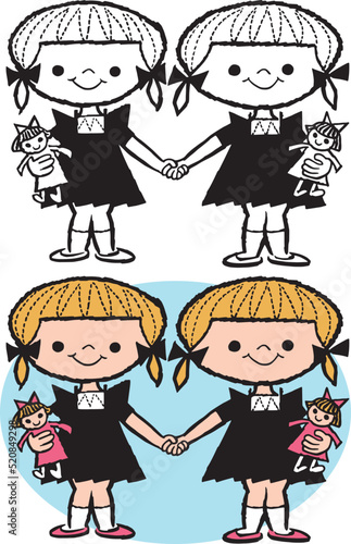 A vintage retro vector illustration of twin blonde young girls holding hands. 
