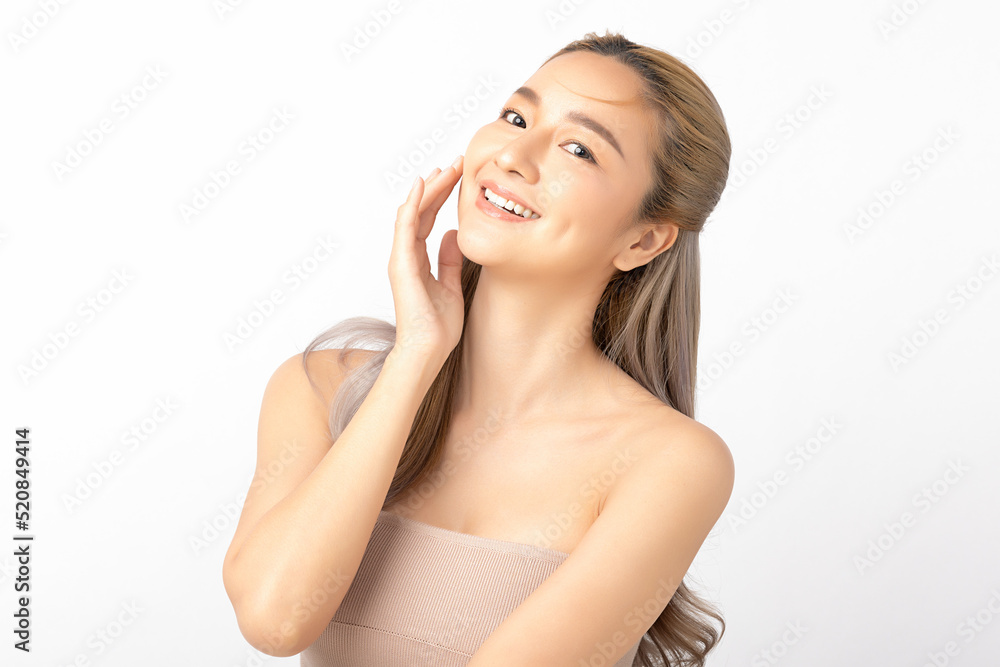 Happy beautiful young asian woman clean fresh bare skin concept. Asian girl beauty face skincare and health wellness, Facial treatment, Perfect skin, Natural make up. Isolated on white background. Happy beautiful young asian woman clean fresh bare skin concept. Asian girl beauty face skincare and health wellness, Facial treatment, Perfect skin, Natural make up. Isolated on white background.