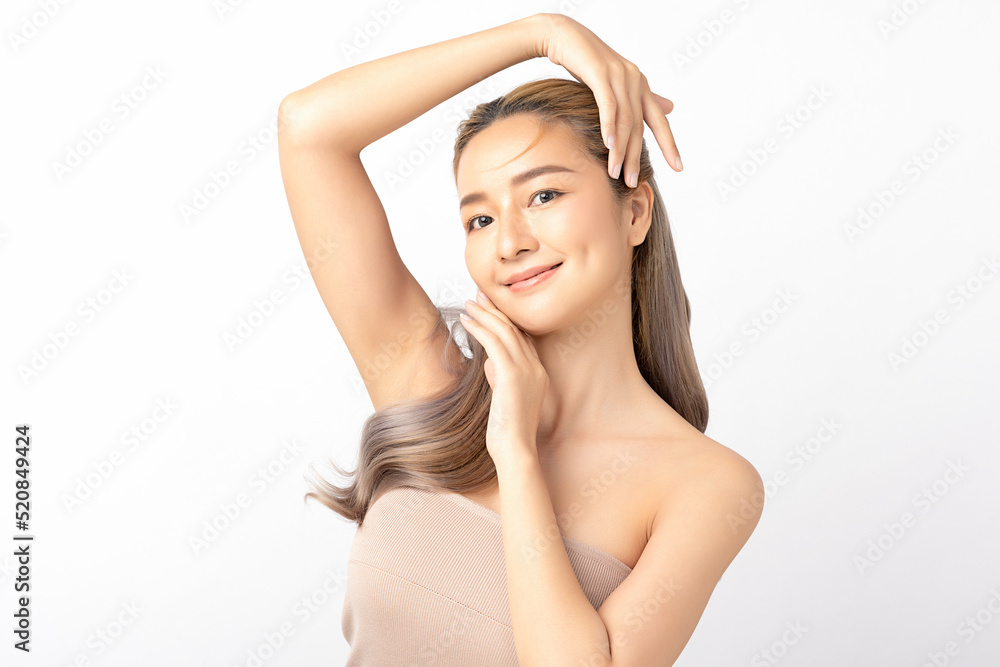Happy beautiful young asian woman clean fresh bare skin concept. Asian girl beauty face skincare and health wellness, Facial treatment, Perfect skin, Natural make up. Isolated on white background. Happy beautiful young asian woman clean fresh bare skin concept. Asian girl beauty face skincare and health wellness, Facial treatment, Perfect skin, Natural make up. Isolated on white background.