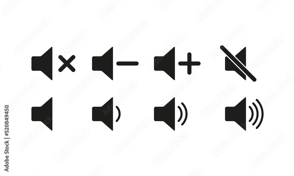Volume control buttons set icon. Turn off the sound, turn down, up, on, plus, minus, cross, crossed out, loud, quiet, listen, music, speaker, megaphone. Technology concept. Vector line icon Volume control buttons set icon. Turn off the sound, turn down, up, on, plus, minus, cross, crossed out, loud, quiet, listen, music, speaker, megaphone. Technology concept. Vector line icon