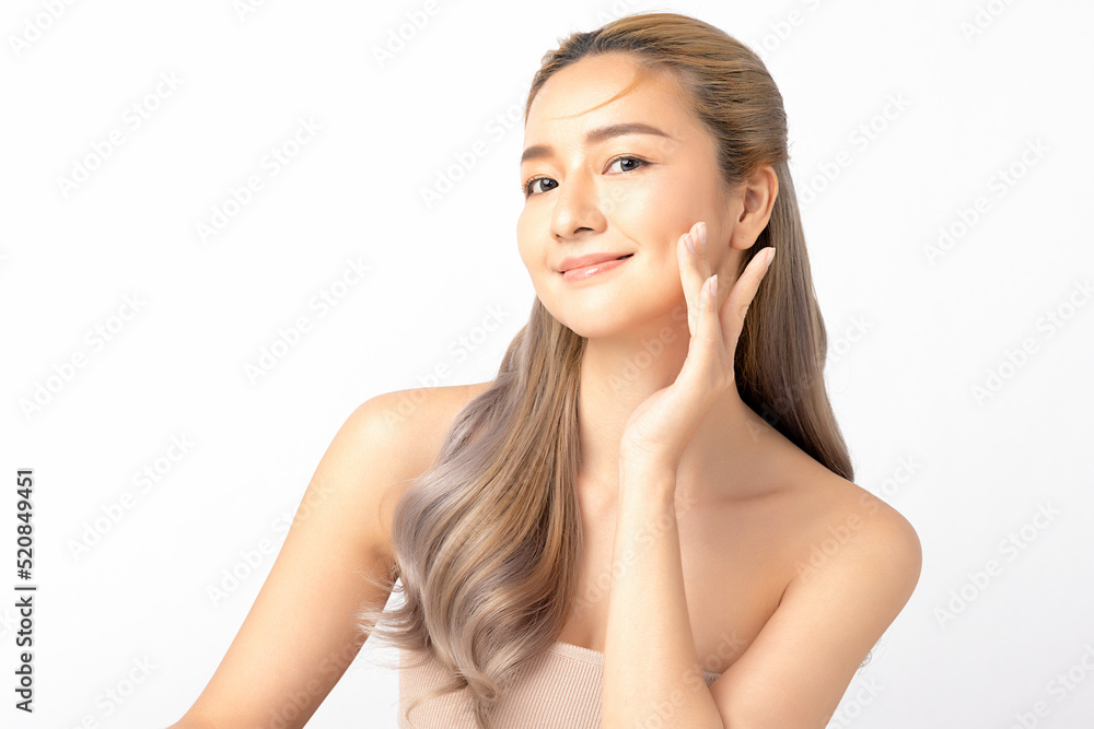Happy beautiful young asian woman clean fresh bare skin concept. Asian girl beauty face skincare and health wellness, Facial treatment, Perfect skin, Natural make up. Isolated on white background. Happy beautiful young asian woman clean fresh bare skin concept. Asian girl beauty face skincare and health wellness, Facial treatment, Perfect skin, Natural make up. Isolated on white background.