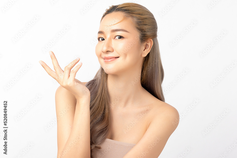 Happy beautiful young asian woman clean fresh bare skin concept. Asian girl beauty face skincare and health wellness, Facial treatment, Perfect skin, Natural make up. Isolated on white background. Happy beautiful young asian woman clean fresh bare skin concept. Asian girl beauty face skincare and health wellness, Facial treatment, Perfect skin, Natural make up. Isolated on white background.
