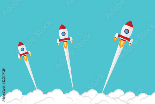 App launch. Startup vector concept, flat cartoon rocket or rocketship launch, mobile phone or smartphone, idea of successful business project start up, boost technology, innovation.