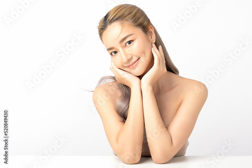 Happy beautiful young asian woman clean fresh bare skin concept. Asian girl beauty face skincare and health wellness, Facial treatment, Perfect skin, Natural make up. Isolated on white background.