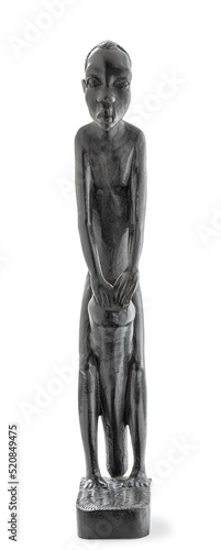 Wooden African statue of a skinny man working playing percussion, isolated on white