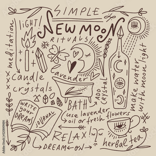 Modern witch diary concept. Girl new moon phase magic ritual. Female witchy hand drawn doodles, herbs and bath with lavender, journaling, wishes, manifestation, self care cycle. Woman power, healing