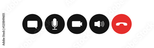 Online conference control buttons set icon. Webinar, send message to the chat, turn on microphone, camera, sound, end meeting, call, communication. Technology concept. Vector line icon for Business
