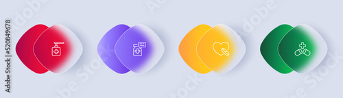 Prescription set icon. Pills, cross, heart, spray, treatment, treat, doctor, patient, illness, disease, hospital. Healthcare concept. Glassmorphism style. Vector line icon for Business and Advertising