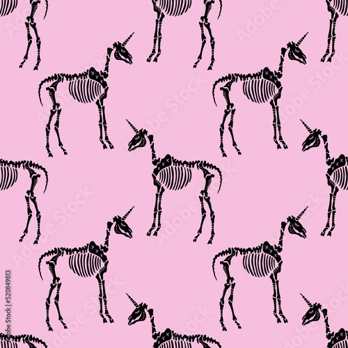 Unicorn creepy skeleton seamless pattern in dark boho style, bohemian skull vector repeat digital ornament. Great for party wrapping paper, cloth, T-shirt and more.