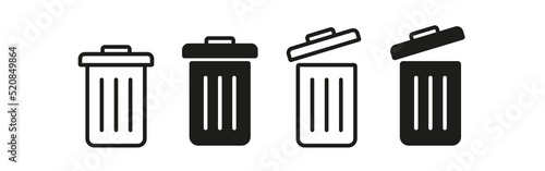 Trash can set icon. Open lid, closed, bin, throw away, rubbish, garbage, litter, clean environment, recycling, recycle. Business concept. Vector line icon for Business and Advertising