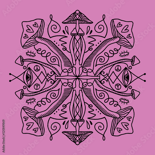 Magic mushroom mandala. Vector illustration. Cosmogony trippy psychedelic lucidity concept. Hippie party, rave trance music festival. Distressed groovy funky style. Esoteric art print clipart.