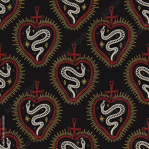 Sacred hearts and snakes inside seamless pattern. Dark boho Mexican saint heart vector clipart. Distressed underground engraving gothic style. photo