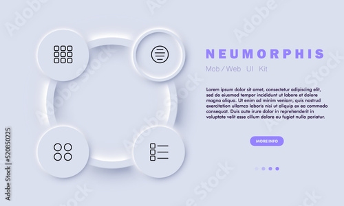 Menu buttons set icon. Tiles, circles, settings, order, alignment, squares, application, control panel, program, app, adjust. Technology concept. Neomorphism style. Vector line icon for Business