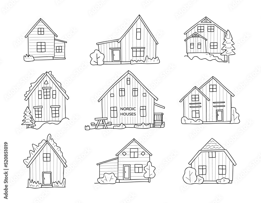Scandinavian cute houses doodle set. Nordic house facades. Hand drawn sketch of tipical norway buildings. Typical northern facades made of sandwich panels.
