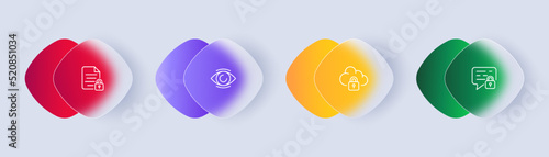 Closed access to information set icon. Lock, eye, document, cloud storage, personal correspondence, message, speech bubble. Privacy concept. Glassmorphism style. Vector line icon for Advertising