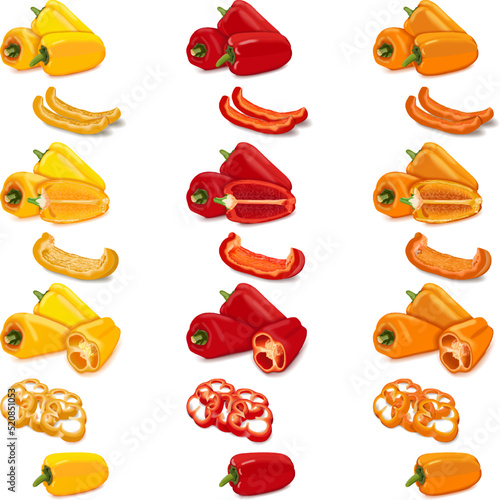 Set of red, yellow, and orange mini sweet peppers. Whole, half, sliced and wedges of capsicum. Fresh organic and healthy, vegetarian vegetables. Vector illustration isolated on white background.