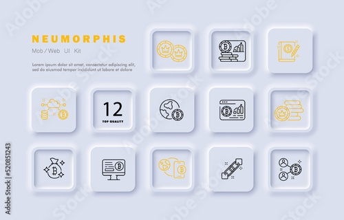 Bitcoin set icon. Cryptocurrency, coin, website, crypto wallet, accounting, cloud storage settings, planet, money bag, blockchain, phone. Financial management concept. Neomorphism. Vector line icon