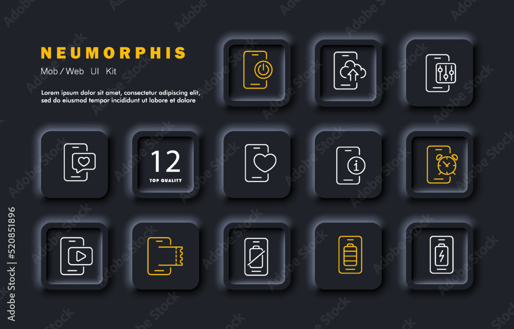 Phone apps set icon. Button, reset, cloud storage, settings, communication, social media, information, alarm, watch video, battery charge. Technology concept. Neomorphism style. Vector line icon Phone apps set icon. Button, reset, cloud storage, settings, communication, social media, information, alarm, watch video, battery charge. Technology concept. Neomorphism style. Vector line icon