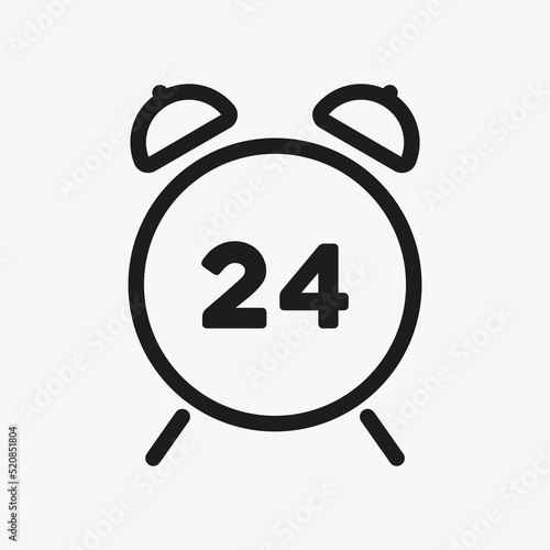 Alarm clock with 24 sign line icon. Around the clock, watch, wake up, stopwatch, timer, reminder, planning, event, appointment, schedule. Time management concept. Vector line icon for Advertising