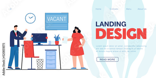 Girl bringing CV to boss office for vacant workplace. Manager hiring staff flat vector illustration. Employee interviewed for job. Vacancy, human resources, work concept