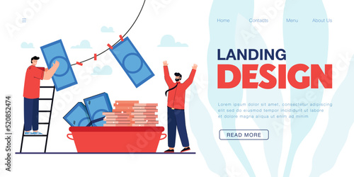 Tiny criminals bribing and laundering money. Fraud in business, personal benefit, bribe in envelope flat vector illustration. Corruption, finances, government concept for banner or landing web page