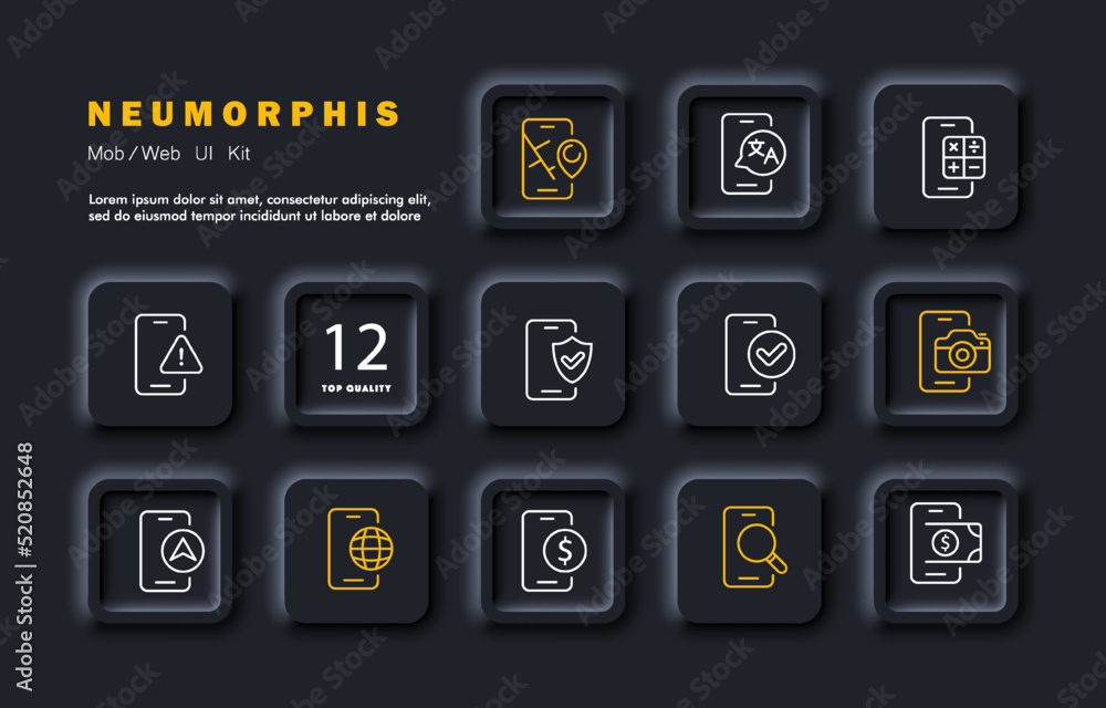 Phone apps set icon. Banking app, magnifier, dolar, internet, navigator, camera, security system, warning sign, calculator, translator, map. Technology concept. Neomorphism style. Vector line icon Phone apps set icon. Banking app, magnifier, dolar, internet, navigator, camera, security system, warning sign, calculator, translator, map. Technology concept. Neomorphism style. Vector line icon