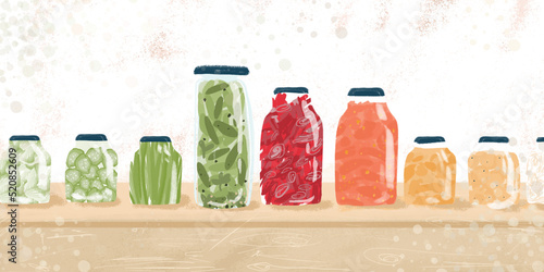 Pickled Vegetables and Fruit Jams in the Glass Jars. Autumn Harvest