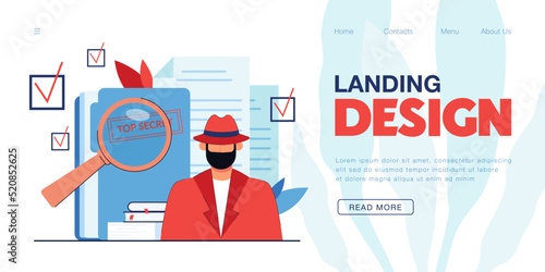 Undercover detective and top secret information. Spy or private investigator searching for criminal, magnifying glass flat vector illustration. Crime, mystery concept for banner or landing web page