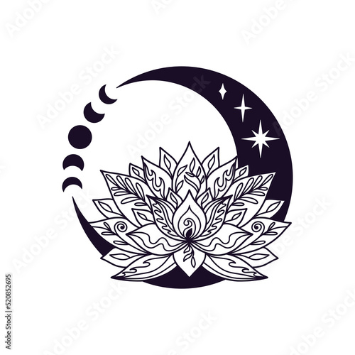 Crescent moon and lotus flower mystial symbol with moon phases.