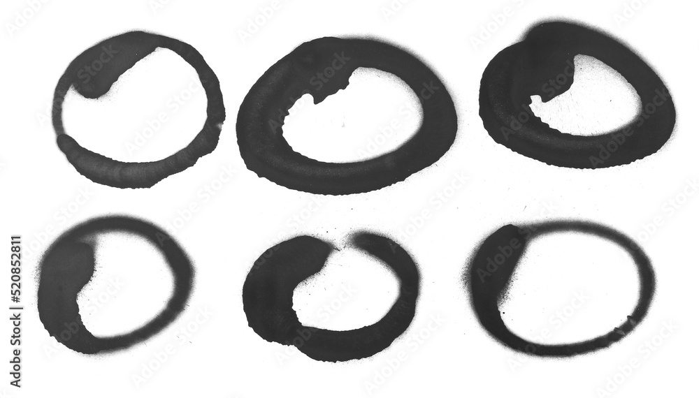 Set black spray stain, circle frame isolated on white Set black spray stain, circle frame isolated on white